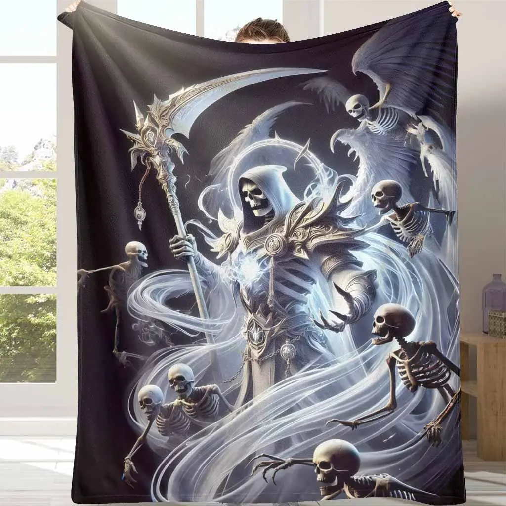 Gothic Grim Reaper Flannel Throw Blanket - Skeleton Warrior Art Print Decorative Piece, Soft Cozy Style, Warm Lightweight Durable, Ideal for Home Bedroom, Perfect as Halloween Blanket Gifts