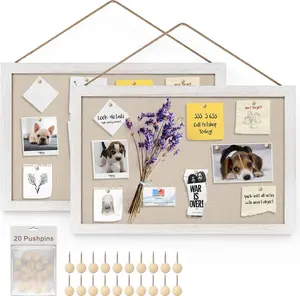 2-Pack Linen Cork Board 16x11 Inch, Vintage White Wood Framed Bulletin Board with 20 Push Pins, Wall Hanging Pin Board for Office, Bedroom, Kitchen, School & Vision Board Decor