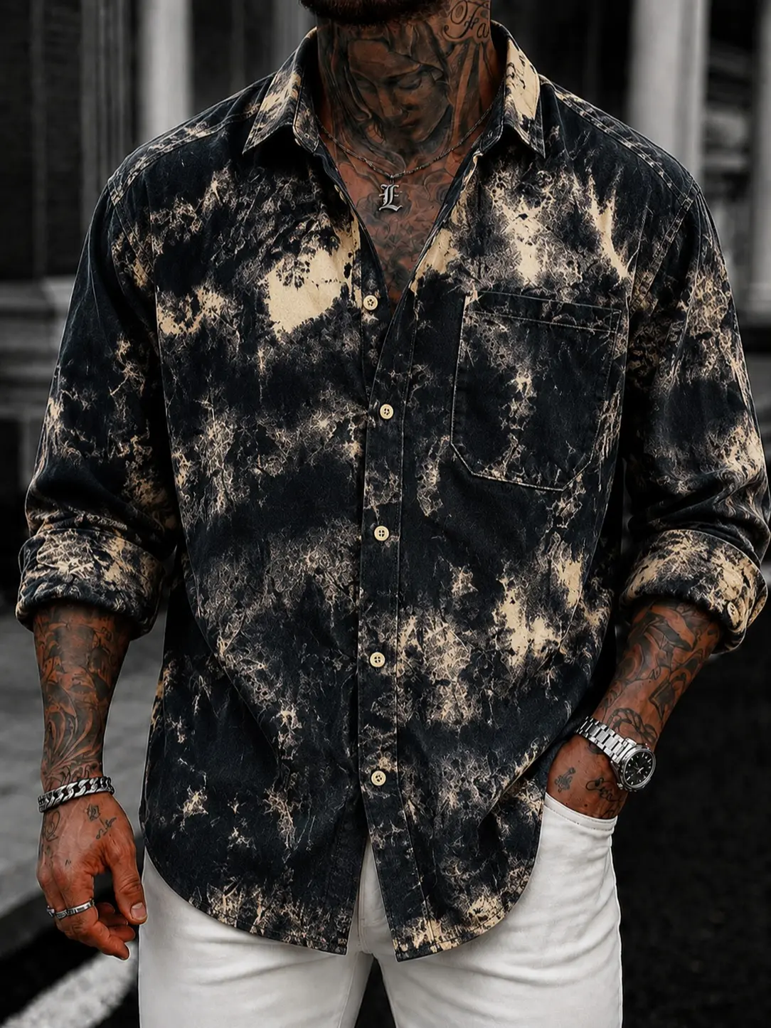 Men's Long Sleeve Button Up Shirt Casual Printed Shirt Vintage Print Shirt with Chest Pocket Collared Button Front Fashion Shirt for Daily Wear Vacation Travel Outdoor