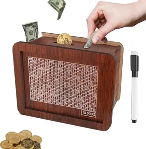 10000 Savings Challenge Box,Cash Vault Wooden Savings Box,kakeibo Money Box,Wooden Piggy Bank Coin Bank with Counting Target,The Best Gift for Boys, Girls, and Friends (Brown)