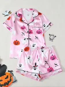 Women's Halloween Satin Pajama Set, 2 Sets Pumpkin & Cartoon Ghost Patterns, Short Sleeve Button Front Top & Shorts, Comfortable Loose Fit