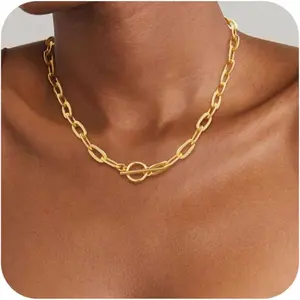 14K Gold Plated Necklace for Women Sweatproof, Non Tarnish Chunky Layered Chain Necklaces Thick Gold Layering Herringbone Paperclip Necklace Stacks Toggle Necklaces for Women Men Rotating Cross Crown Circle Pendant Necklace