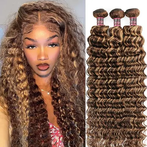 Uwigs P4-27 Highlight Deep Wave Pure Human Hair Bundles, Ombre Brown Brazilian Remy Double Weft Extensions, Perm & Straighten Ready, Dye-Bleach Ready