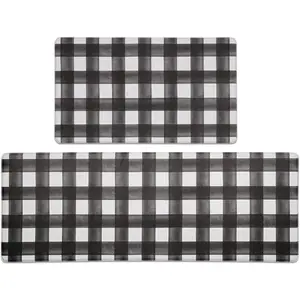 Modern Farmhouse Plaid 2 count Set Kitchen Mats for Floor Anti   & Non-Skid Kitchen Rugs Cushioned Kitchen Mat for Standing Washable Comfort Desk Kitchen Runners