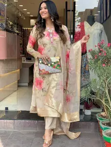 NEW ARRIVAL ORGANZA SILK DIGITAL PRINTED WITH ZARI AND JACQUARD WORK TOP BOTTOM WITH DUPATTA MINT