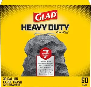 Glad Large 30 Gallon Trash Bags, Unscented Heavy Duty Garbage Bags, Forceflex with Drawstring, 50 Count (Packaging May Vary)