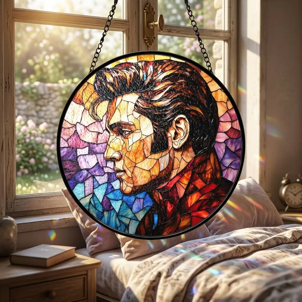 Elvis Presley Metal Stained Glass Suncatcher - Light, Colorful Hanging Rock and Roll Window Decor, The King Tribute, Music Lover Gift, Iconic Vintage Artwork Wall Ornament