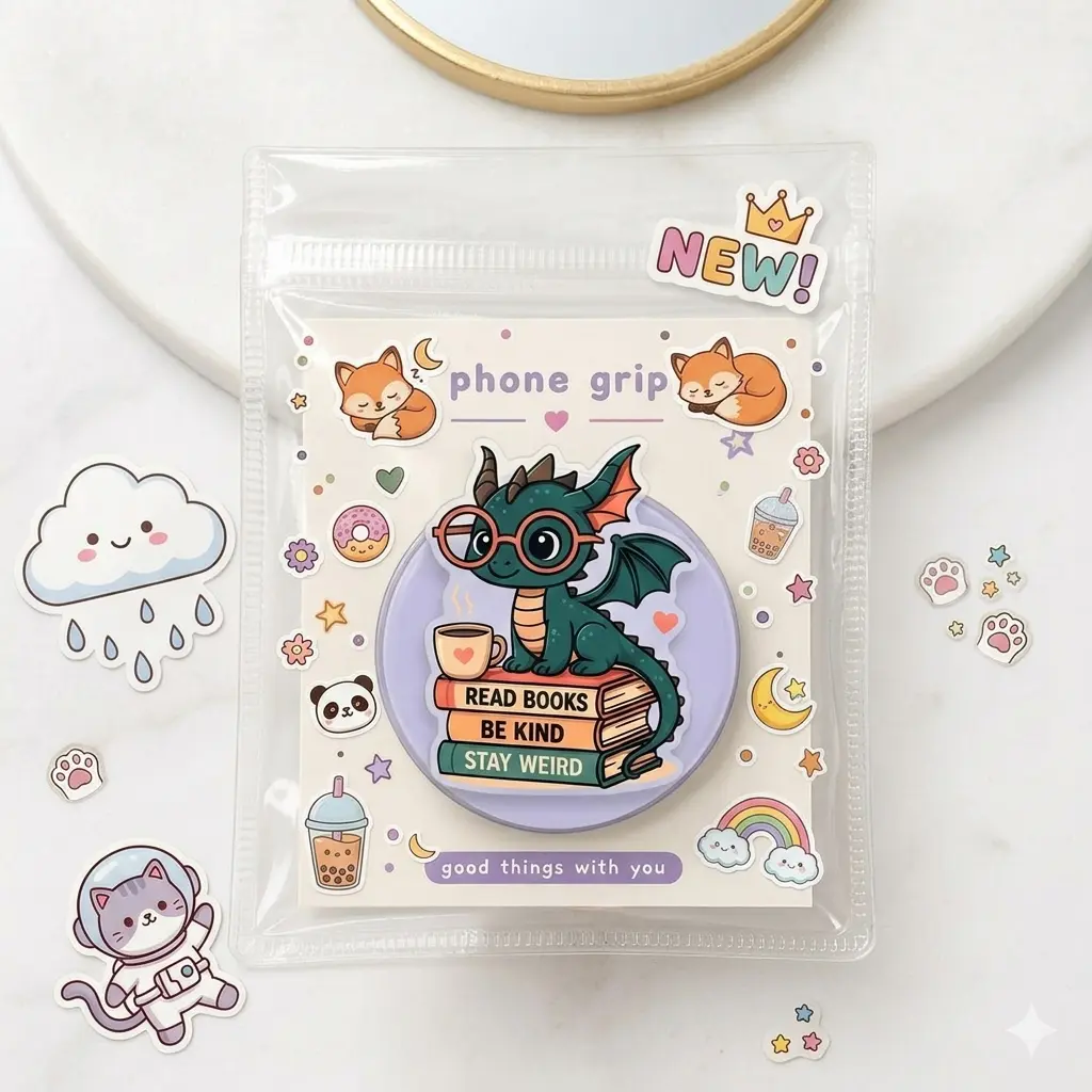 Cute Dragon Reading Books Phone Grip – Kawaii Fantasy Acrylic Holder, Fun Bookish Accessory for Teens & Anime Fans