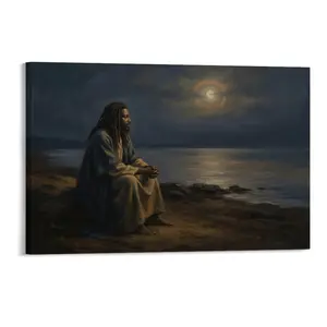 Black Jesus Moonlit Seaside Canvas Art - Realistic Oil Style, Premium Canvas, Rich Tones, Religious Home Decor, Night Beach Scene Wall Decor