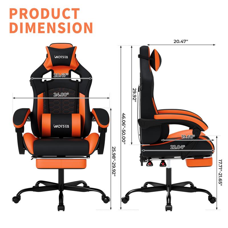 WOTSTA Gaming Chair, Men's Home Use Adjustable Height Office Chair with Armrests, Equipped with Memory Foam Lumbar Pillow, Modern Ergonomic Gaming Chair Recliner