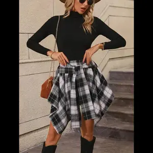 Women's New Plaid Print Belt Asymmetric Hem Flared Skirt, Casual High Waist Short Skirt, Suitable for Daily Wear, Women's Bottoms, Suitable for All Seasons