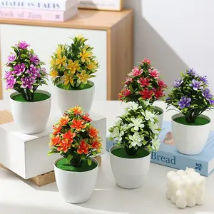Decorative Ornament Artificial Flower Potted Plant Indoor Home Table Decor, Five-Leaf Plum Blossom Plastic Flower Plant