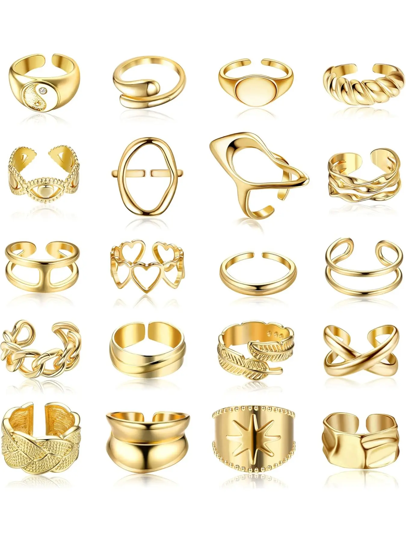 20 Pcs Chunky Rings for Women 18K Gold Plated Stacking Ring Set Dome Thick Open Rings Adjustable Fashion Rings Stackable Rings