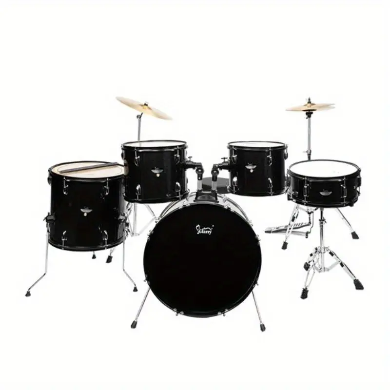 Glarry Full Size Adult Poplar Wood 5-Piece Percussion Drum Kit with Double-Skin Bass, 2 Toms, Snare, Floor Tom, 16" Ride Cymbal, 14" Hi-Hat Cymbals, Adjustable Stool, Pedal, Drum Sticks, Percussion Instrument