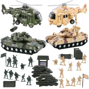 Vokodo 5 Pack Armed Forces Vehicle Bundle Toy Playsets, Friction Power Vehicles Includes Army Helicopter, Military Tank And Army Figurines Military Car, Army Truck Pretend Play Toys Toddler Kids Boys