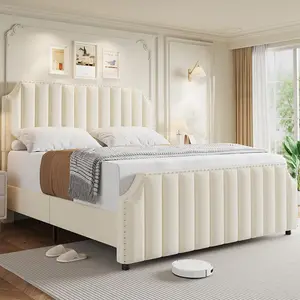 Queen Size Velvet Bed Frame, Vertical Channel Tufted 50" Tall Headboard & Footboard with Nailhead Trim, Upholstered Platform Queen Bed, Strong Wooden Slats, No Box Spring Needed, Easy Assembly, Beige