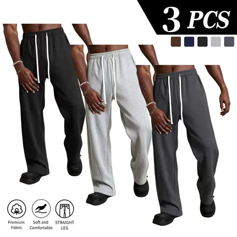 3-pack men’s wide-leg sweatpants made from a cotton blend, solid color, elastic drawstring waist, 3D cut, long length