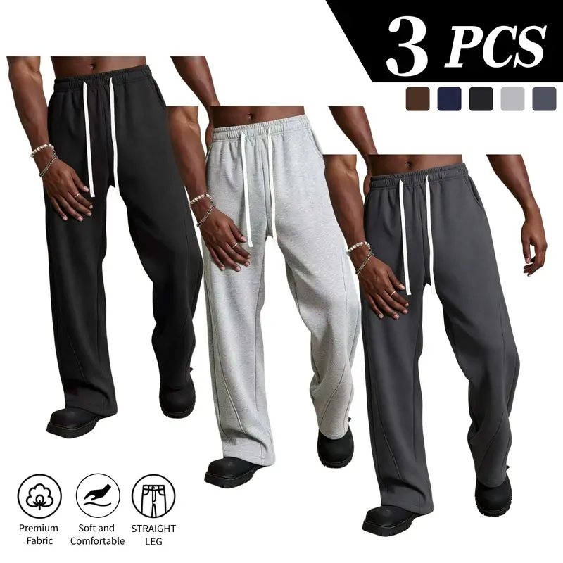 3-pack men’s wide-leg sweatpants made from a cotton blend, solid color, elastic drawstring waist, 3D cut, long length