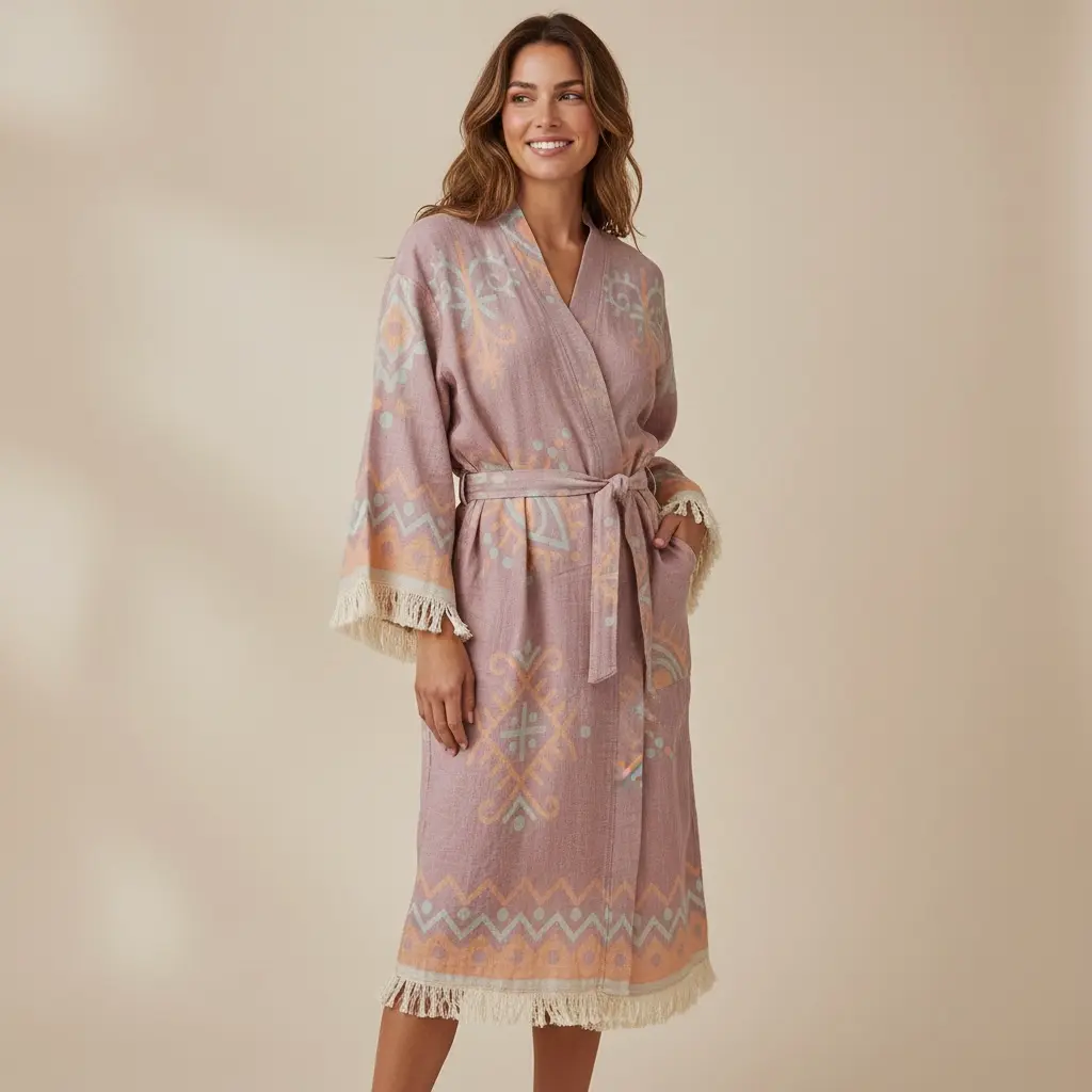 Jacquard Cotton Robe with Pockets, Yoga, Meditation Kimono Robe 100% Cotton Breathable Fabric, Beach Coverup Comfort Traditional Womenswear Comfortable Fit Gowns Loose Loungewear Nightwear Soft Woven Long Sleeve Strap