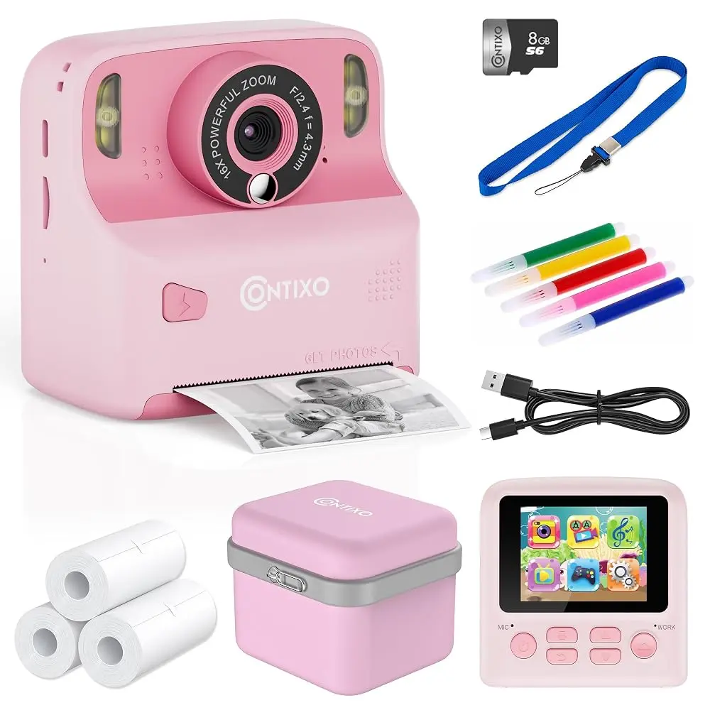 Contixo KC2A Portable Kids Instant Print Camera with 2.4" Screen, 12MP Lens, 1080P Video, Selfie Capability, MP3 Player, Type-C Charging, Picture Capture, Pink