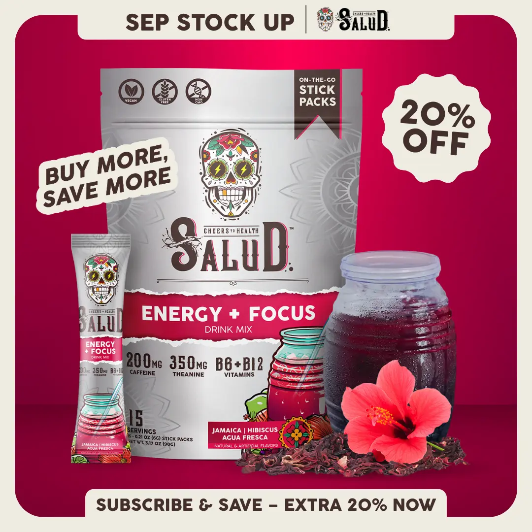 Salud 2-in-1 [Energy + Focus - Jamaica | Hibiscus] Clean Energy Drink Mix, Agua Fresca, Organic Caffeine, B6 & B12, L-Theanine, Drink Packets, Non-GMO, Gluten Free, Vegan, Low Calorie, 1g Sugar (15 Servings)