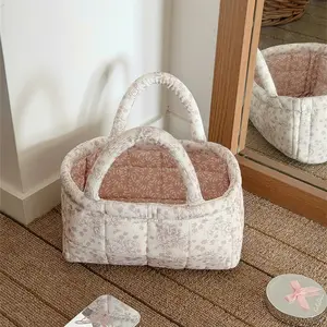 Vintage Floral Print Quilted Storage Basket, Foldable Snack Basket, Laundry Basket, Bathroom Organizer, Bedroom Essentials, Large Capacity