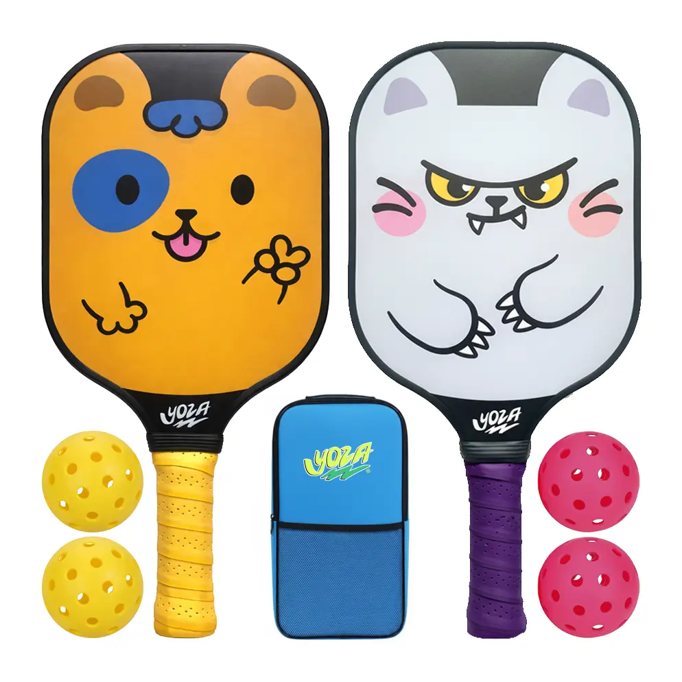 Pickleball Paddle Set for Beginners | Includes 2 Paddles, 4 Balls, Carry Bag | Cute, Kawaii Dog & Cat Characters | YOZA