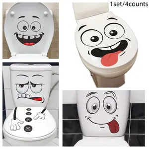 Hot Selling Cartoon Funny Face Waterproof Toilet Stickers Set, Self-Adhesive Bathroom Seat Covers Decorations, 4-Piece Set, Toilet Seat Protector