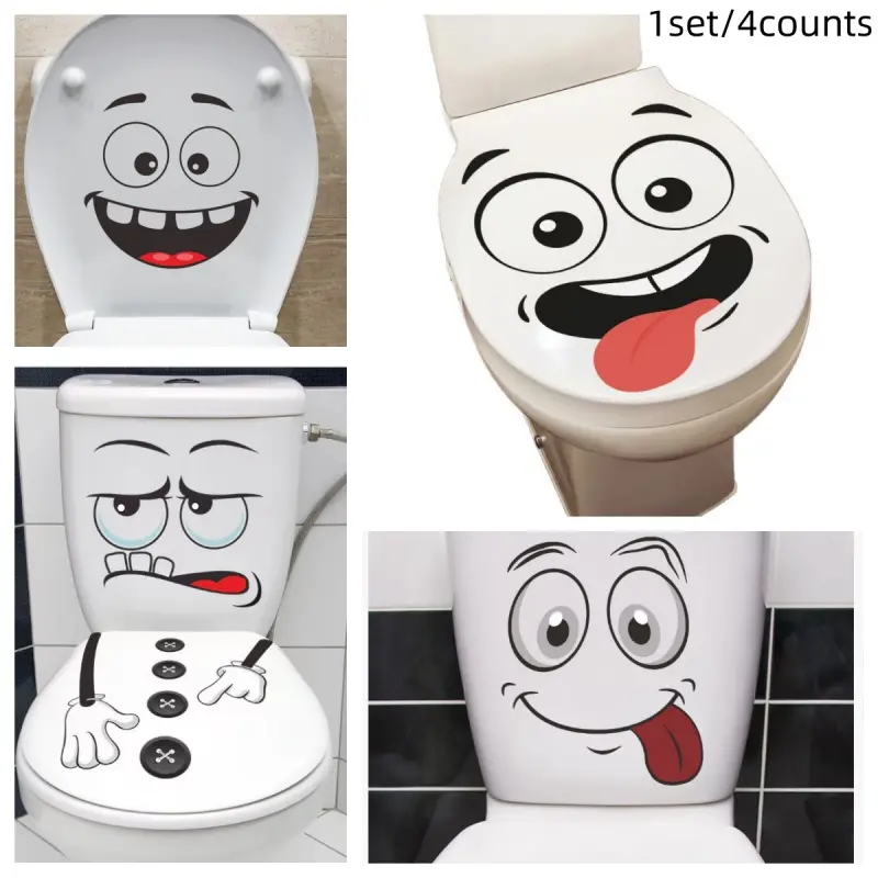 4-Piece Cartoon Funny Face PVC Toilet Stickers Set, Sticky Washable Waterproof Toilet Accessories Cover, Self-Adhesive Bathroom Decor Bathroom Gadget, Hassle-Free Upkeep