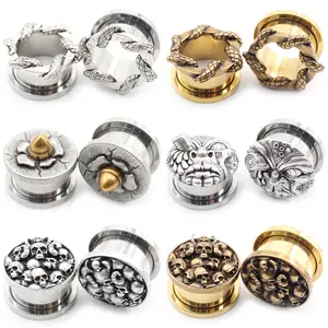 Alisouy 1PC Stainless Steel Snake Skull Flower Bullet Ear Tunnel Plug Expander Stretcher Gauge Earring Piercing Body Jewelry