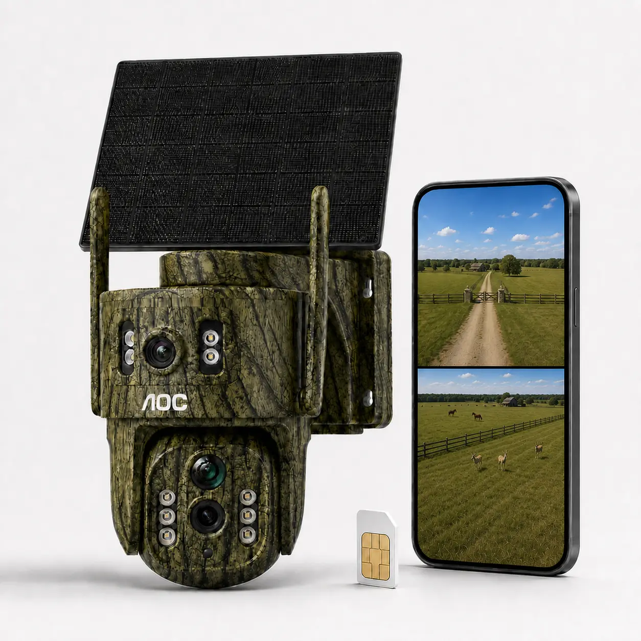 AOC 4G LTE Solar Security Camera for Farm, Orchard & Woodland, Discreet Outdoor Surveillance, No WiFi Needed (7-Day Trial, 4G Plan Required), Dual-Lens Dual-View, 350° Pan 90° Tilt, Motion Detection, Color Night Vision, AOV All-Day Recording, IP65