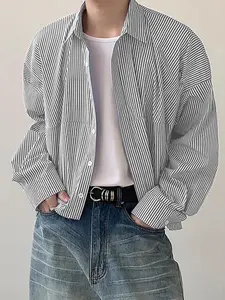 INCERUN Men's Casual Buttons Collared Striped Long Sleeve Shirt, Fashionable Loose Fit for Comfort, Versatile Style for Everyday Wear