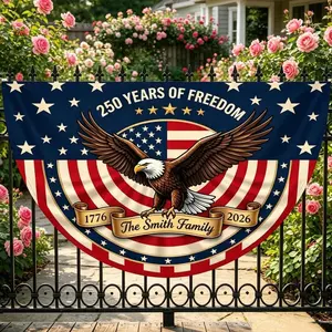 Custom USA 250th Anniversary Patriotic Semi Circle Flag, Personalized Family Name Porch Fence Art Decor, Independence Day Eagle Banner