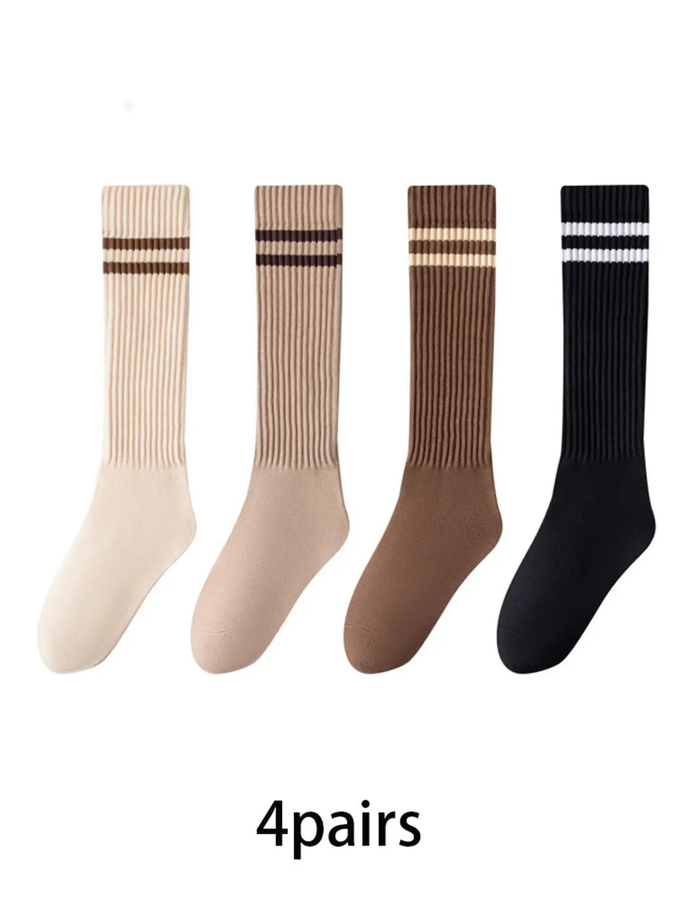 4 pairs of Melange-style double-bar calf socks, retro-comfortable and breathable tuck-up socks, suitable for women's everyday casual wear, sports, and commuting