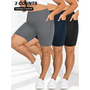 [Plus Size] Solid Pocket High Waist Short Leggings, Casual Comfy Breathable Skinny Shorts for Daily Wear, Workout Clothes, Gymclothes, Women's Bottoms for Summer