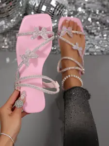 French Style Flat Rhinestone Sparkly Sandals for Women, Summer Casual Square Toe PVC Sole, Perfect for Dates Shopping Parties