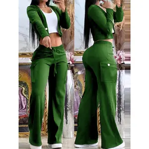 Women'S Stylish Green Two-Tone Knit Cardigan & Pants Set - Polyester Blend, V-Neck, Button-Up, Fall & Winter Casual Wear, Casual Wear|Trendy Casualwear|Polyester Blend