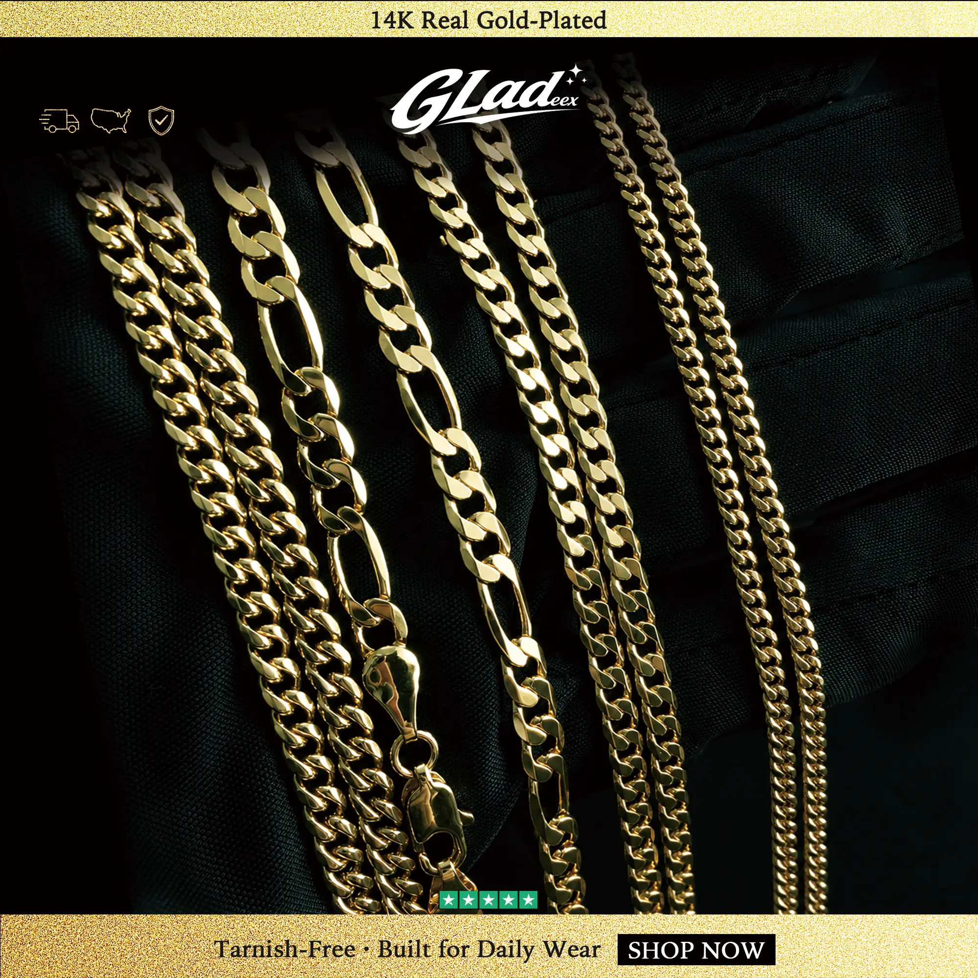 Gladeex 14K Gold Plated Cuban & Rope Chain Necklace for Men, Miami Cuban Link / Figaro Chain / Rope Chain Set, Tarnish Free Waterproof Hip Hop Jewelry, Premium Streetwear Gold Chains