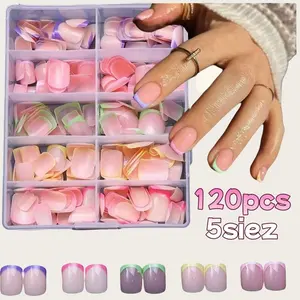 Neon Rainbow French Nail Stickers, 120pcs Short Bright Colorful Gel Nails, Soft Glossy DIY Manicure Art for Women, Beach Use