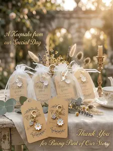 36 Daisy Heart Keychains Bulk, Wedding Favors, Spring Floral Metal Keychains, Includes Thank You Cards and Organza Bags, Anniversary Gifts for Women, Heart Shaped Keychain