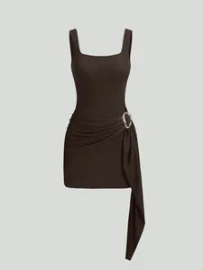 Women's Spring Summer Minimalist Chic Slim Bodycon Dress, Metal Buckle Square Neck, Wavy Texture Fabric, Perfect for Parties