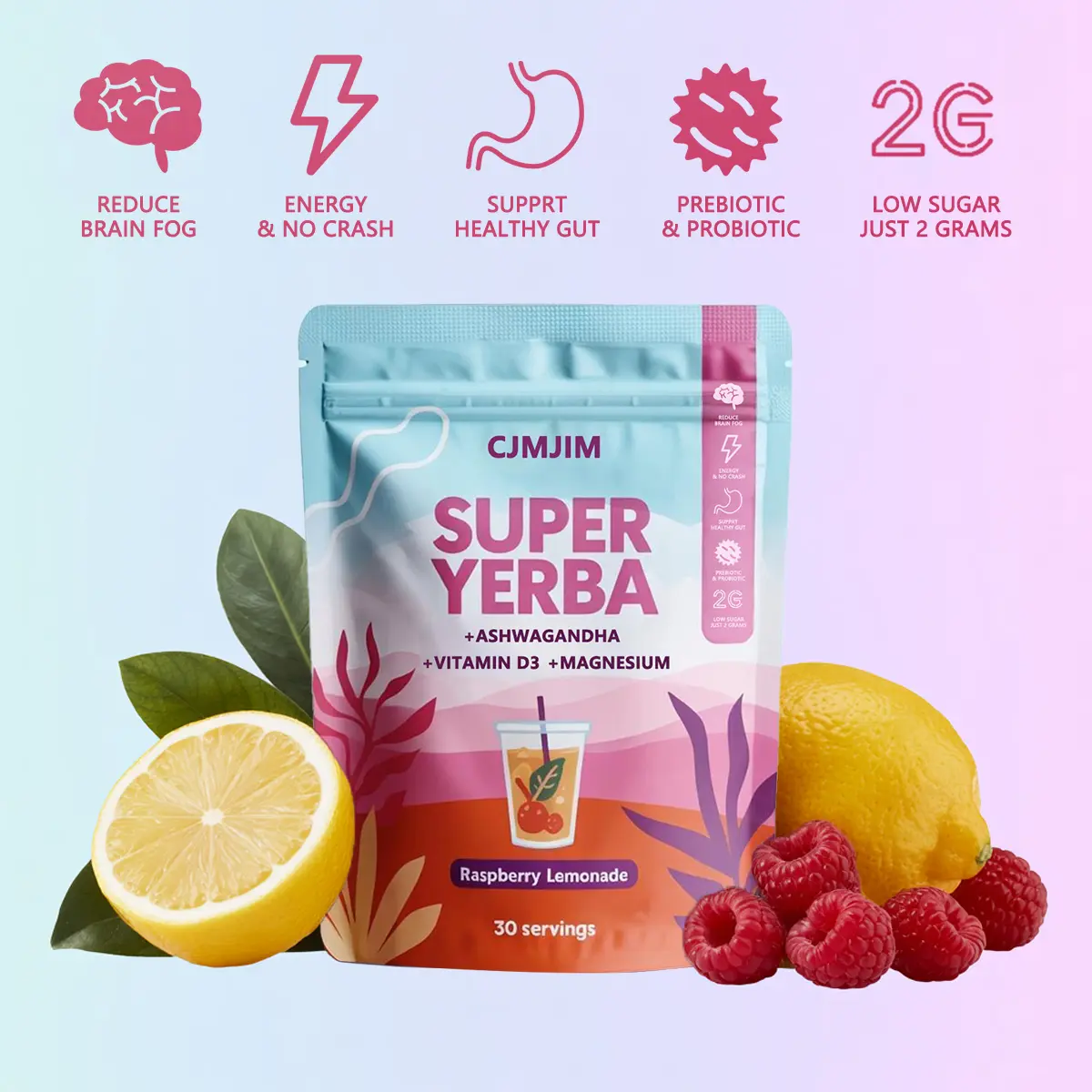 Super Yerba Organic Yerba Mate Instant Tea Powder Beverage - Raspberry Lemonade Iced Powdered, Vitamin-Infused, Fruity, 30 Servings for Adults