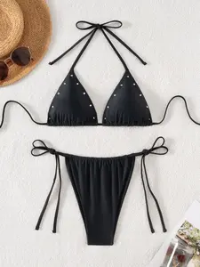 Women's Sexy Solid Color Triangle Halter Neck Bikini Set, Fitted Beach Two-Piece Swimsuit, Fashionable All Seasons Swimwear, Beach Bikinis