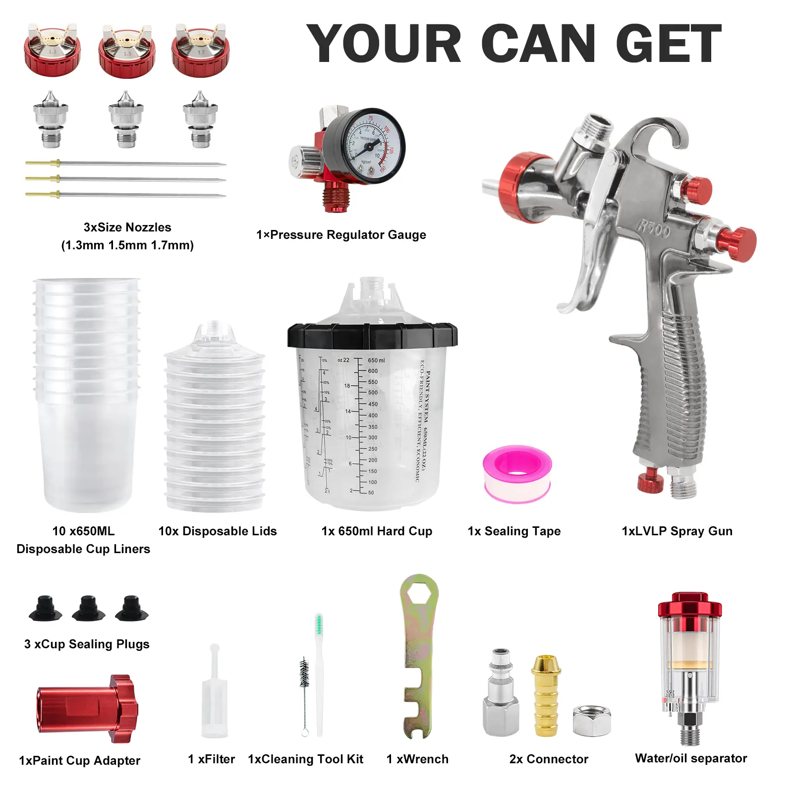 LVLP Automotive Paint Spray Gun R500 Kit, 1.3/1.5/1.7mm Nozzles LVLP Spray Gun with 650mll Mixing Cup & 10x Disposable Cups& Air Regulator Set, for House Painting, Car, Furniture, Fence Sprayer Cordless
