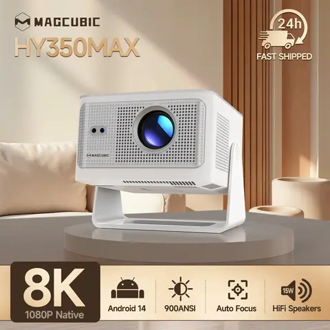 [US warehouse] Magcubic HY350MAX 900ANSI Projector Auto Focus 8K Decode Android 14 Allwinner H726 Built-in 15W HiFi Speaker Dual WiFi6 BT5.4 Native 1080P 1.0:1 short Throw Portable Smart Projector For Home Cinema Movie Night #tiktokshopstockup