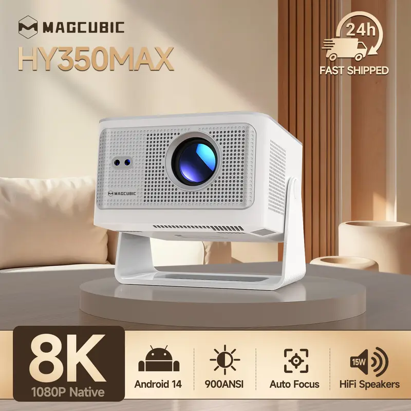 [US warehouse] Magcubic HY350MAX 900ANSI Projector Auto Focus 8K Decode Android 14 Allwinner H726 Built-in 15W HiFi Speaker Dual WiFi6 BT5.4 Native 1080P 1.0:1 short Throw Portable Smart Projector For Home Cinema Movie Night #tiktokshopstockup