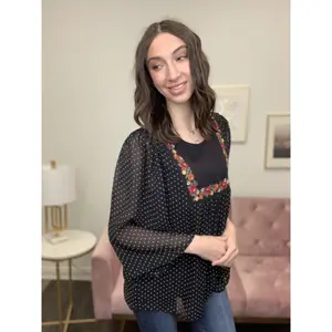 Still Remember Women's Embroidered Polka-Dot Long Sleeve Top