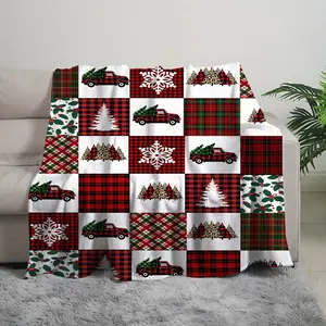 Digital Printed Red Buffalo Plaid Christmas Elements Truck Blanket, Super Soft Warm And Comfortable Flannel Plush Cover Blanket, Suitable For Sofa, Bed, Camping Trips, Interior Decoration