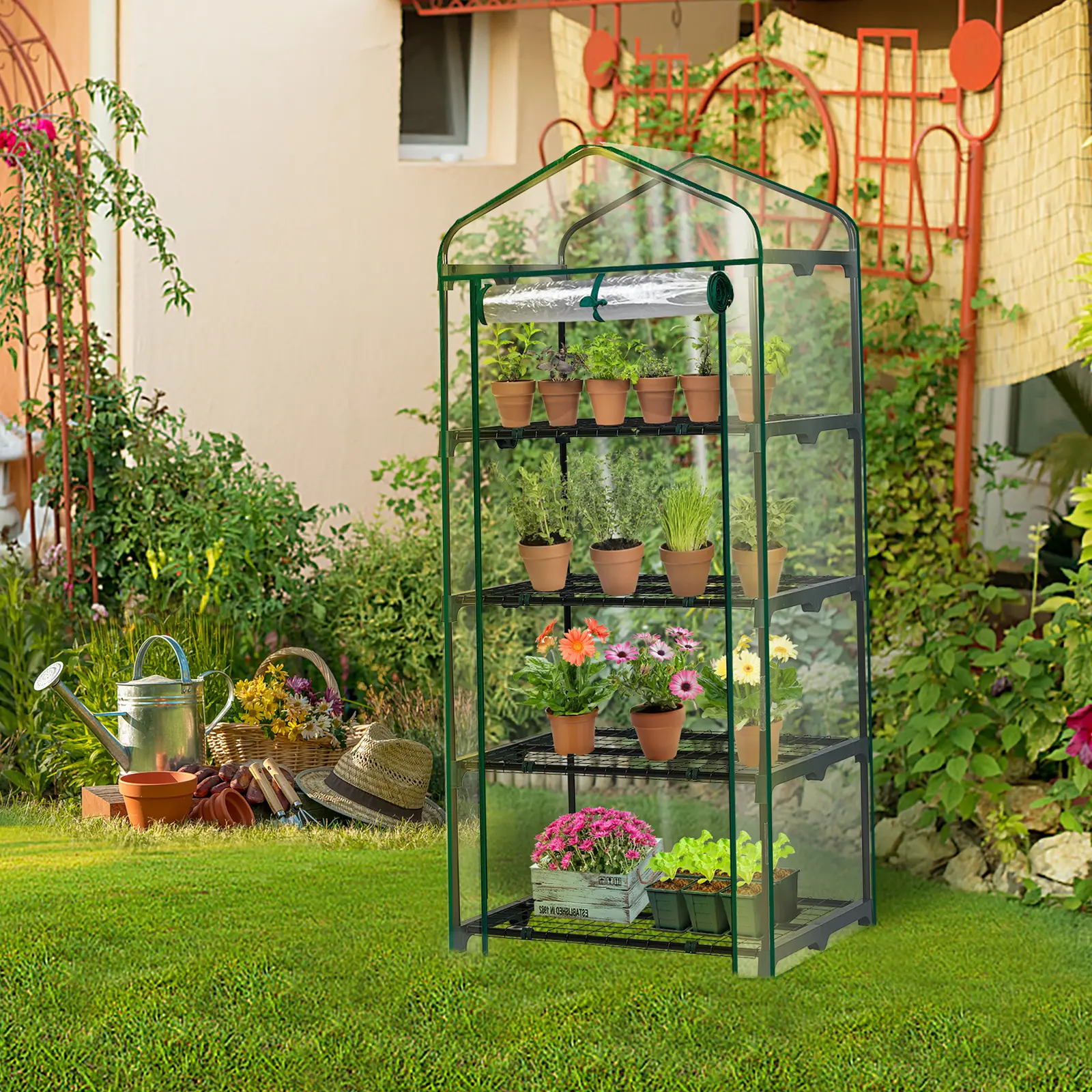Karlhome 4 Tier Mini Greenhouse with PVC Cover & Roll-Up Zipper Door, Portable Waterproof Greenhouse for Garden Backyard, 27" x 19" x 62", Transparent
