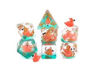 7-Piece Pink Flamingo Resin Polyhedral Dice Set for DnD, RPG Games, with Gold Numbers, Black Velvet Bag (Includes D4, D6, D8, D10, D12, D20, Percentile Dice)
